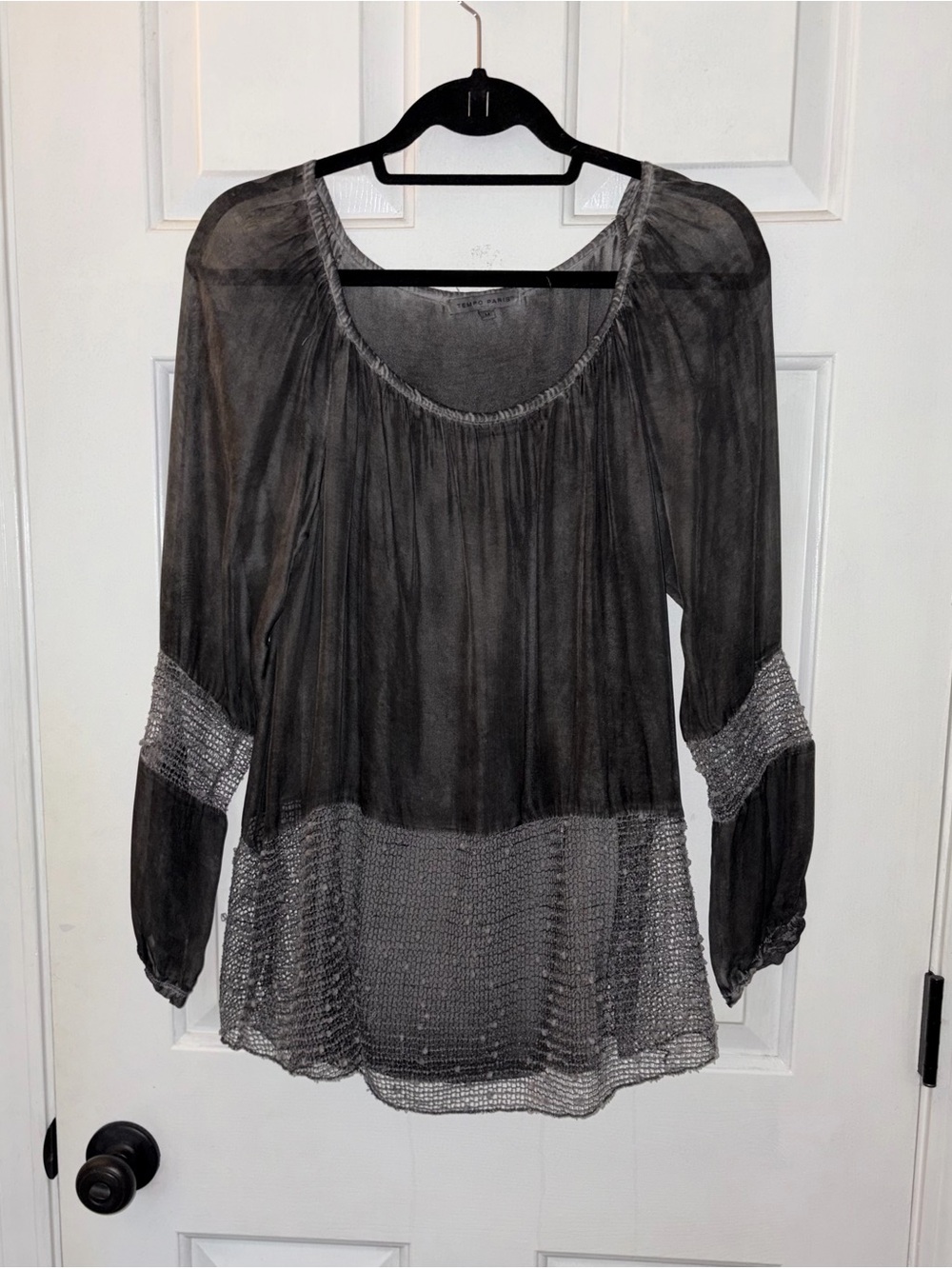 Tempo Paris Charcoal Silk Sheer Knit Tunic Long Sleeve Top Size M